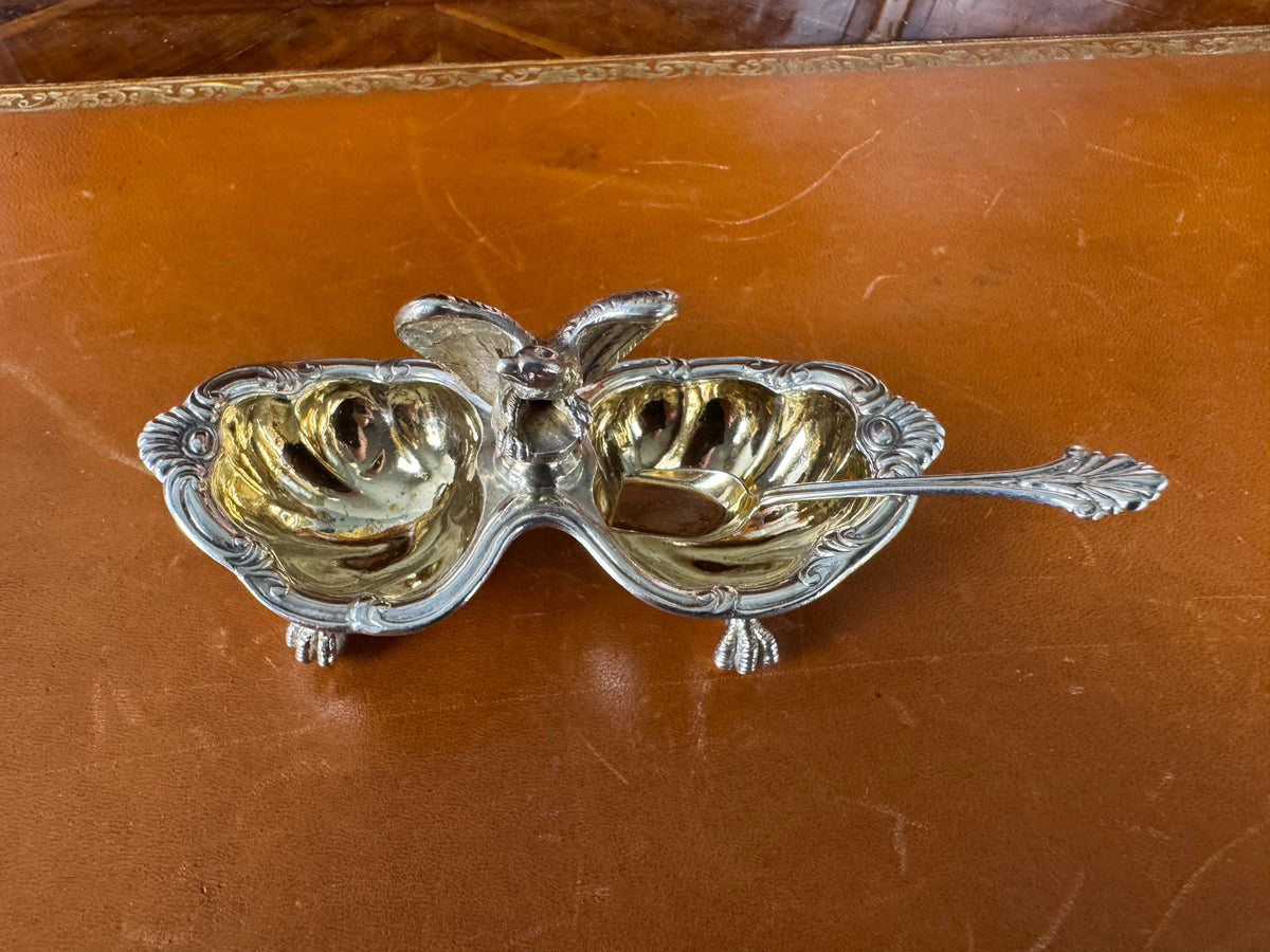 Kaiserliches Salzgefäß von Sy und Wagner mit WR Monogramm Kaiser Wilhelm II und originalem Friedländer Salzlöffel um 1900