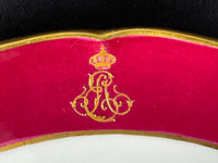 KPM Berlin Halbmondschale mit purpurrotem Fond, Goldstaffage und gekröntem Monogramm EA für Ernst August von Hannover