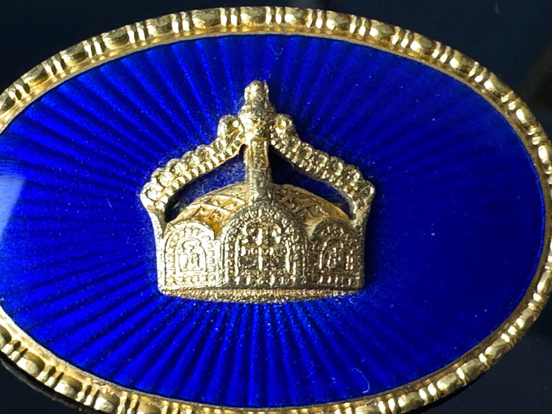 Kaiserliche Geschenkbrosche um 1900 mit vergoldeter Kaiserkrone Kaiser Wilhelms II. auf dunkelblauer Emaille, Deutsches Kaiserreich
