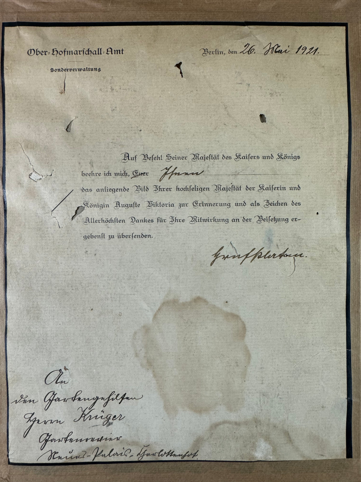 Erinnerung zur Beisetzung der Kaiserin Auguste Victoria, 11. April 1921