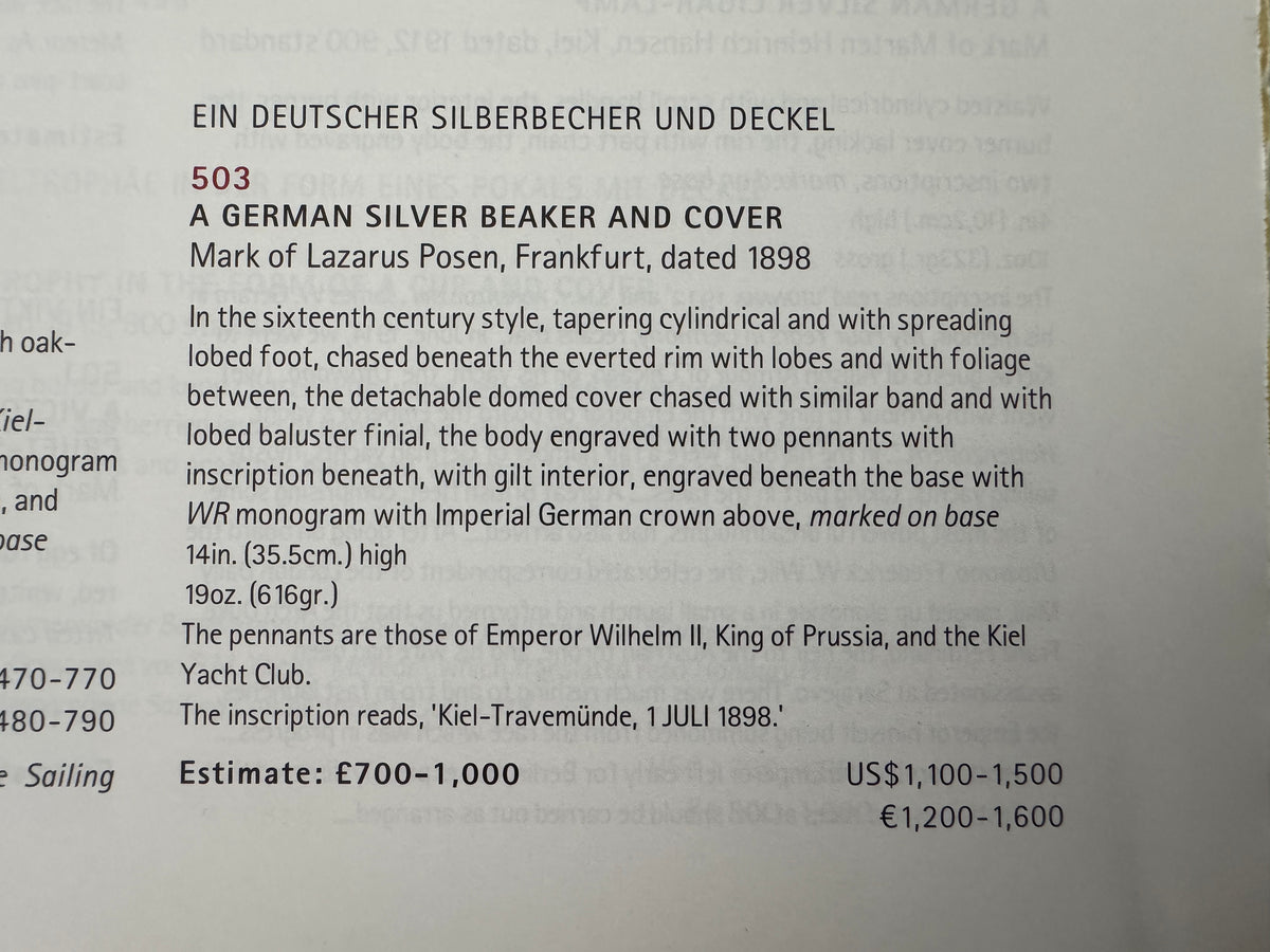 Kaiserliche Segeltrophäe „Kiel–Travemünde 1898“ – Silberpokal für die Yacht Iduna von Kaiser Wilhelm II