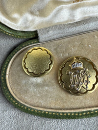 Originale goldene Manschettenknöpfe Kaiser Wilhelm II. mit Monogramm W II, Kaiserkrone, Brillanten und datiertem Originaletui von 1908.